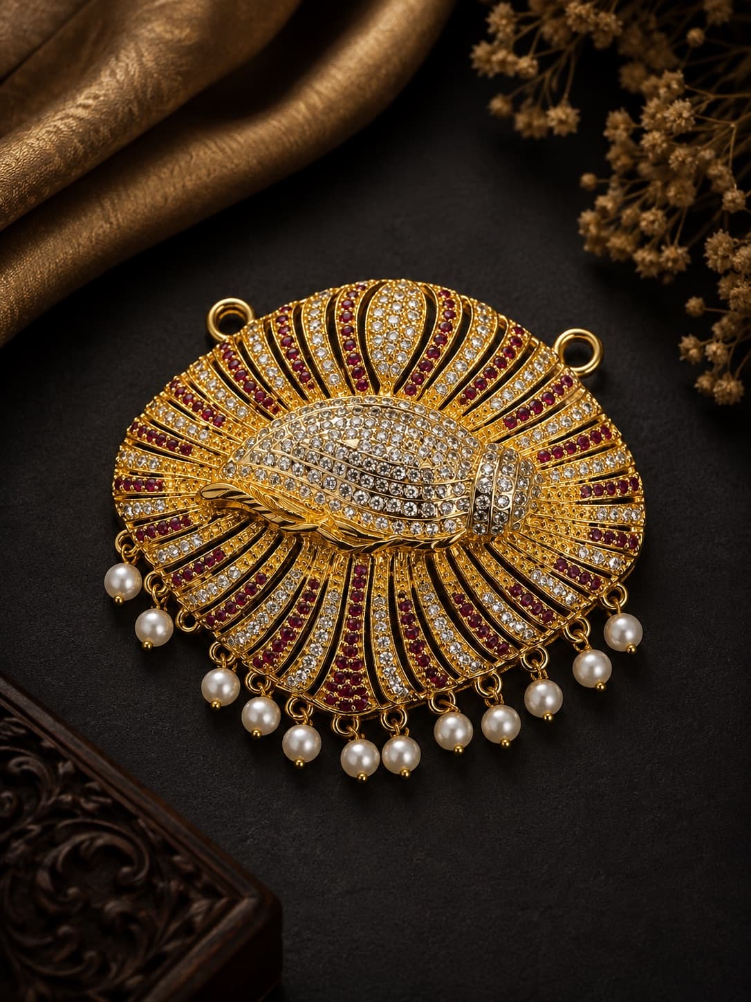 Pendant, Featuring A Gold-Toned Body Encrusted With Shimmering White Stones And Decorated With A Fringe Of Small Pearl Drops Along Its Lower Curved Edge