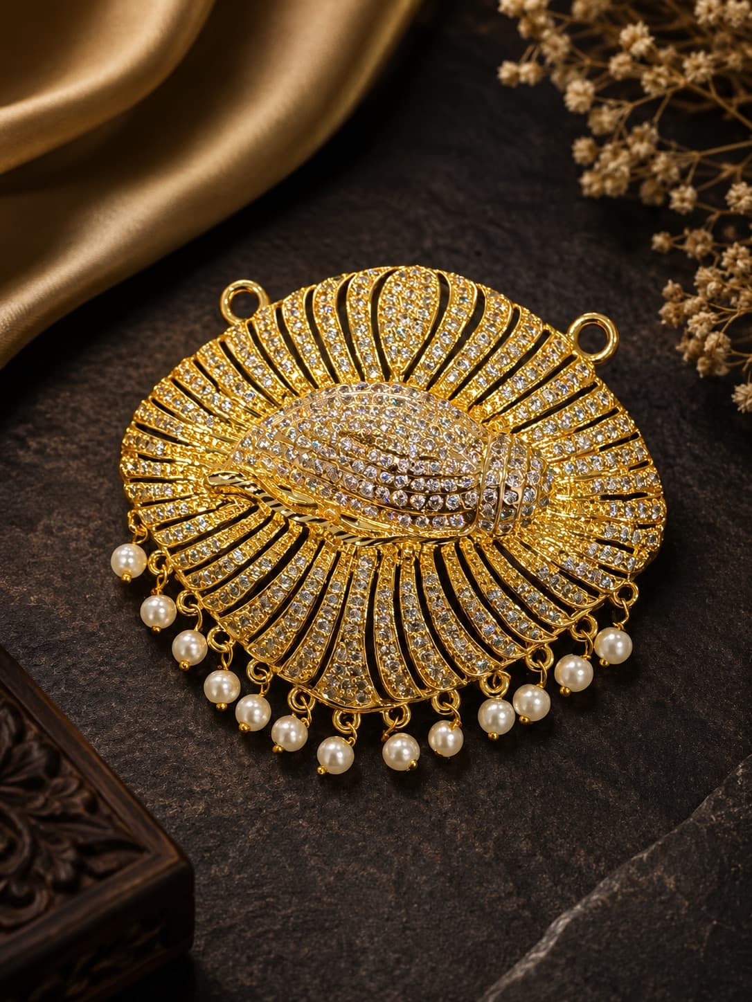 Pendant, Featuring A Gold-Toned Body Encrusted With Shimmering White Stones And Decorated With A Fringe Of Small Pearl Drops Along Its Lower Curved Edge jewellery in Gold / White