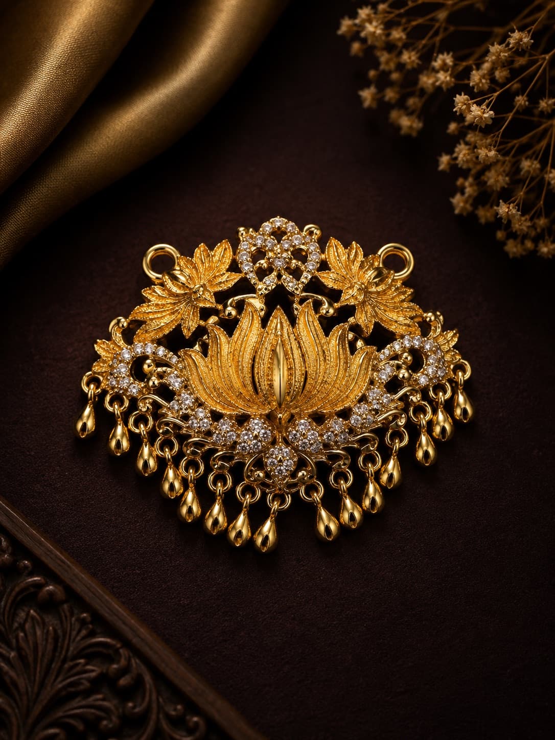 Gold Plated Lotus Pendant With CZ Stones