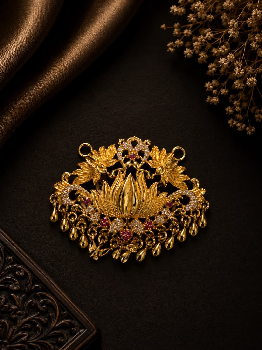 Gold Plated Lotus Pendant With CZ Stones