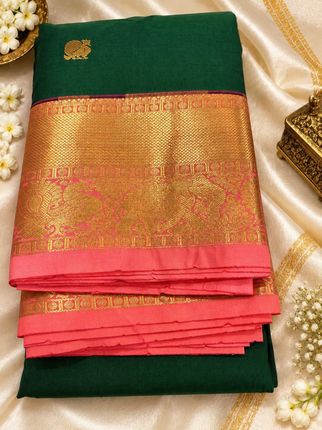 Emerald Green & Coral Pink Gold Zari Traditional Saree in Kanchipuram Silk