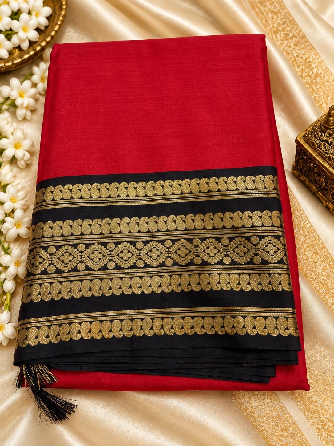 Red With Black Border saree in Red /Black, Semi Silk
