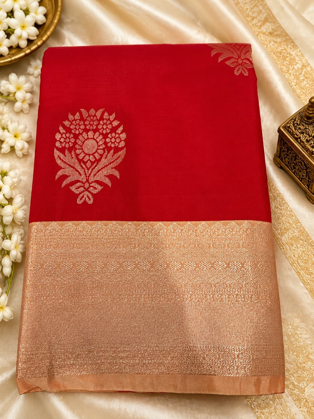 Red Saree With Peach Border And Motifs in Red / Peach, Semi Silk