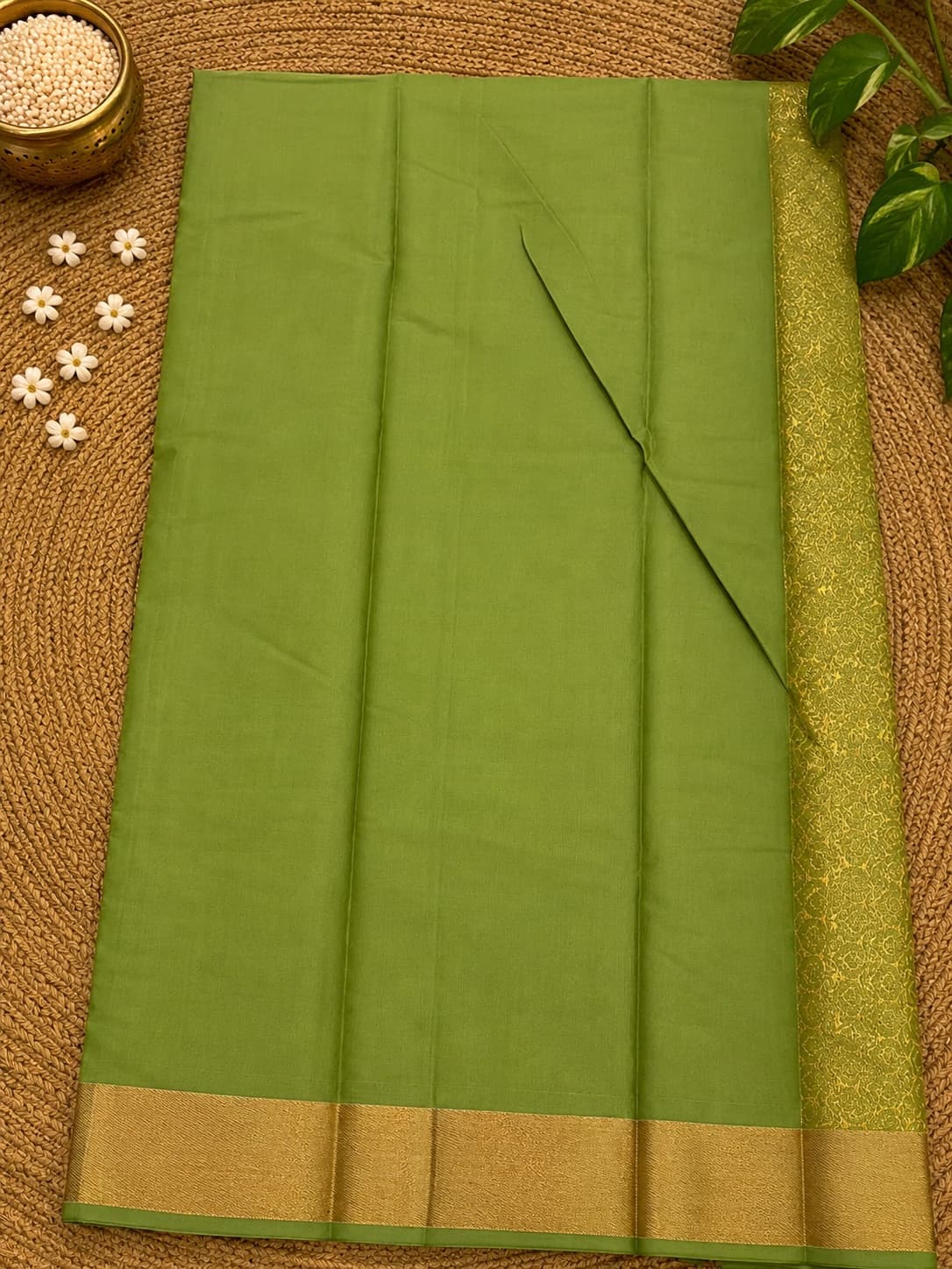 Greenand Gold Zari Work Saree in Cotton Silk