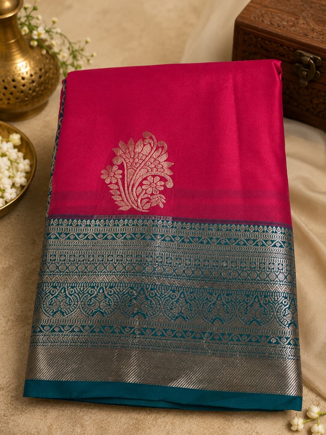 Pink Saree With Teal Zari Border in Pink / Teal, Kanchipuram Silk