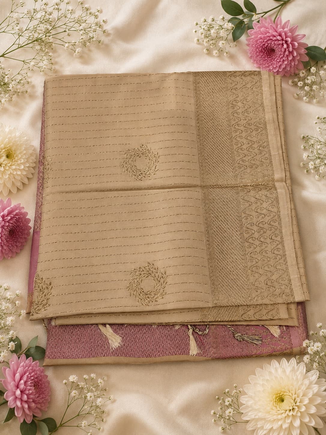 Beige And Pink Woven Design Saree