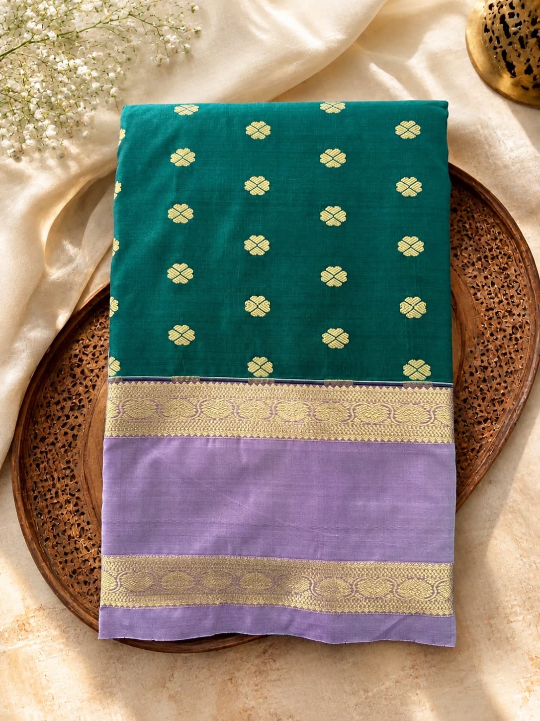 Teal Green And Lilac Saree With Zari Motifs in Teal Green / Lilac, Kanchipuram Silk