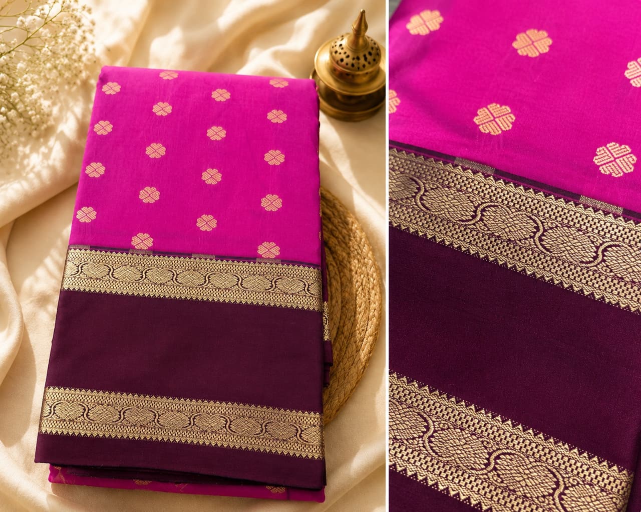 Vibrant Pink And Maroon Zari Border Saree in Pink / Maroon, Kanchipuram Silk