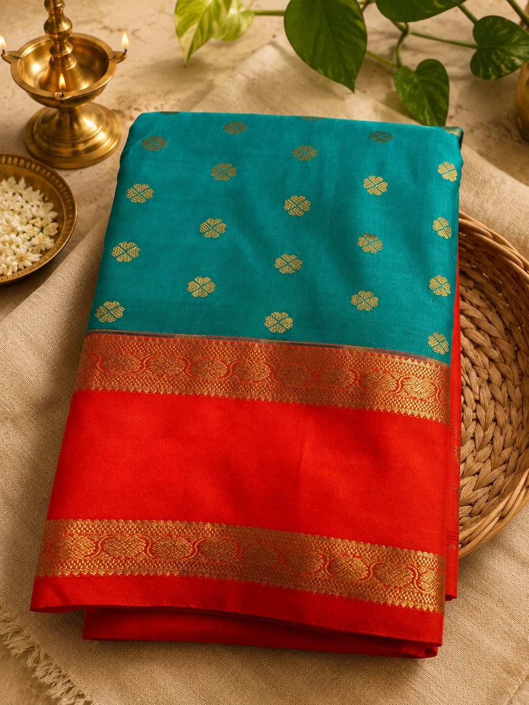 Turquoise With Orange Zari Woven Saree in Teal / Red, Kanchipuram Silk