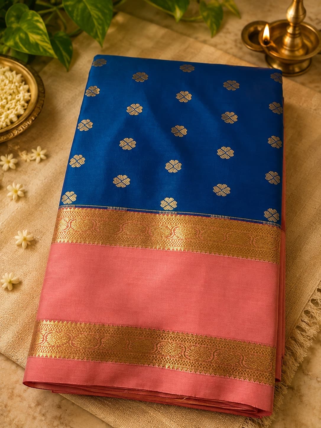 Blue And Peach Zari Border Saree in Blue / Peach, Kanchipuram Silk