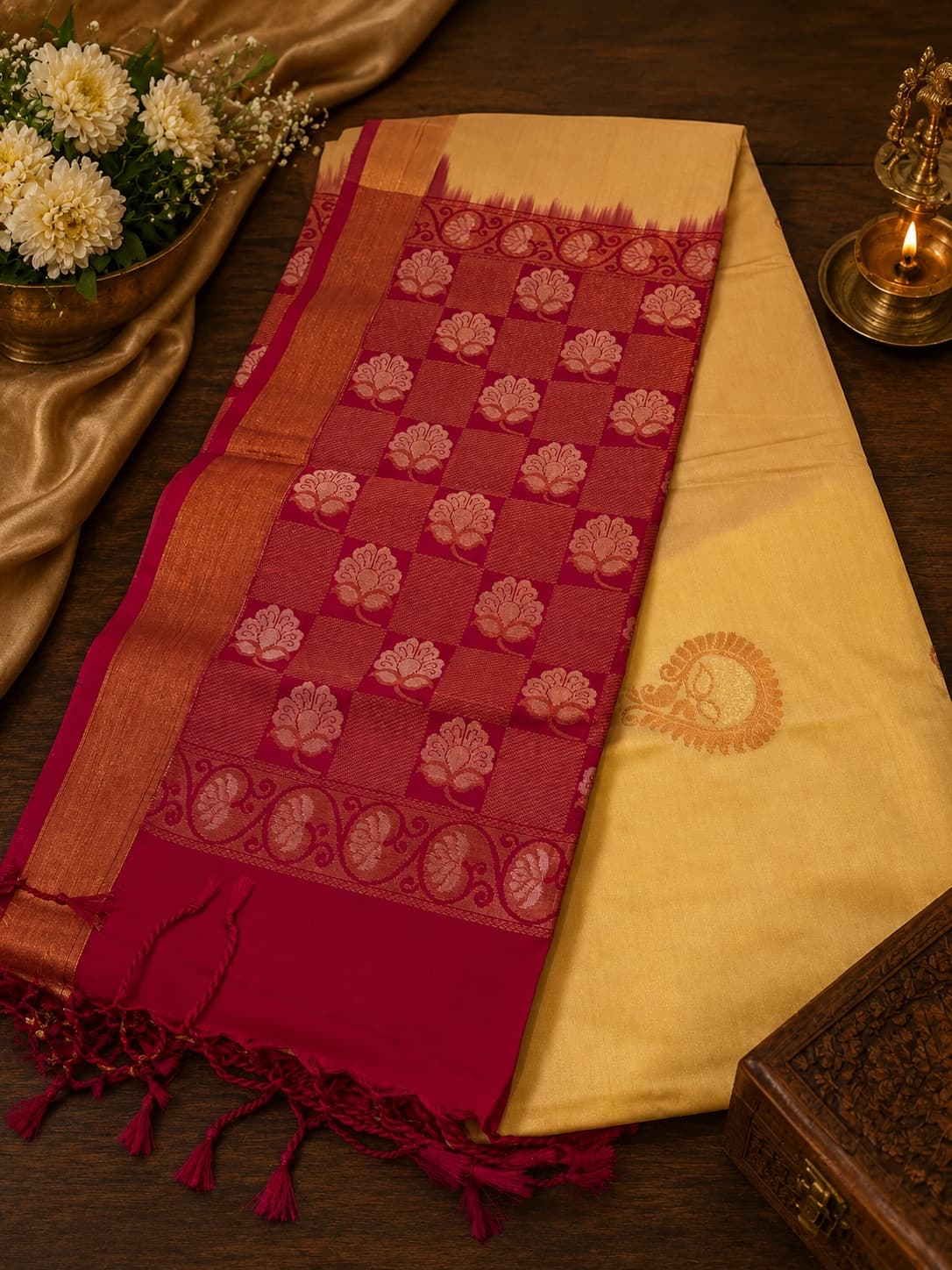 Beige Soft Silk Saree With Pink
