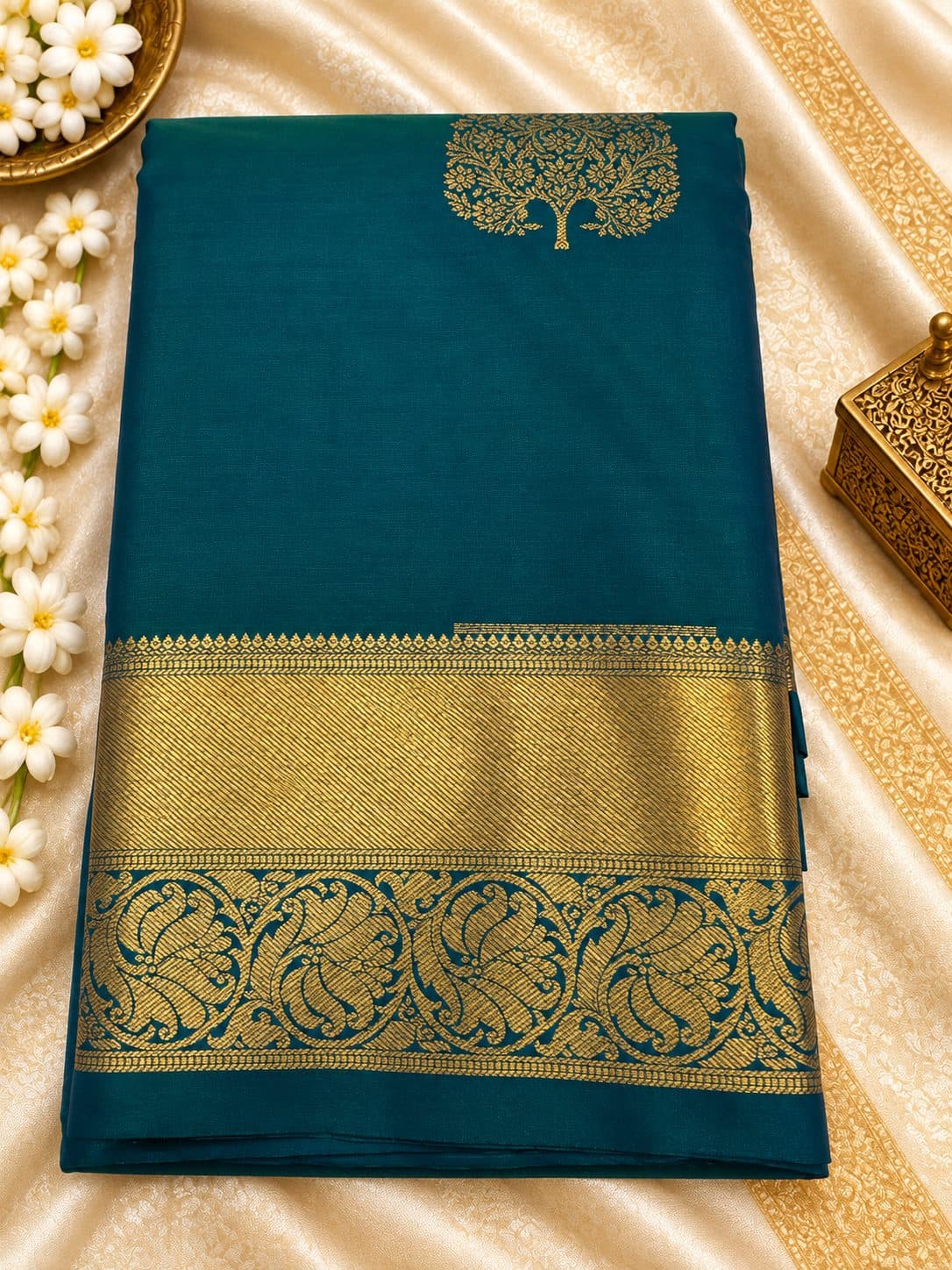 Teal Blue Gold Zari Peacock Border Saree