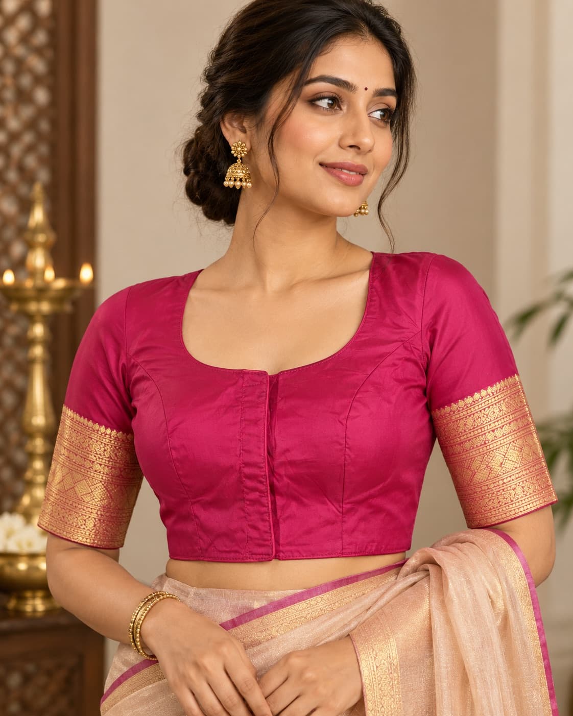 Pink Blouse With Zari Border Sleeves
