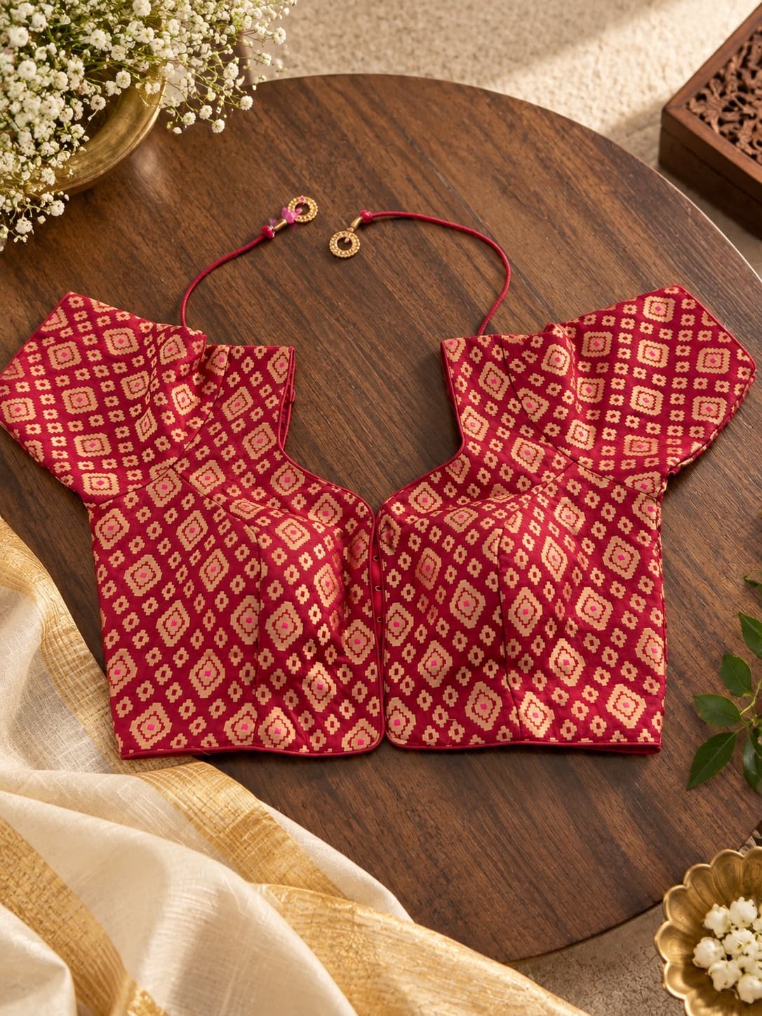 Red Patterned Blouse With Zari