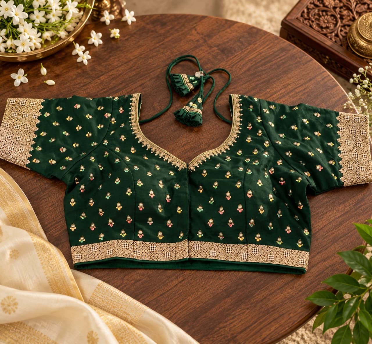 Emerald Green Blouse With Zari And Sequin Work