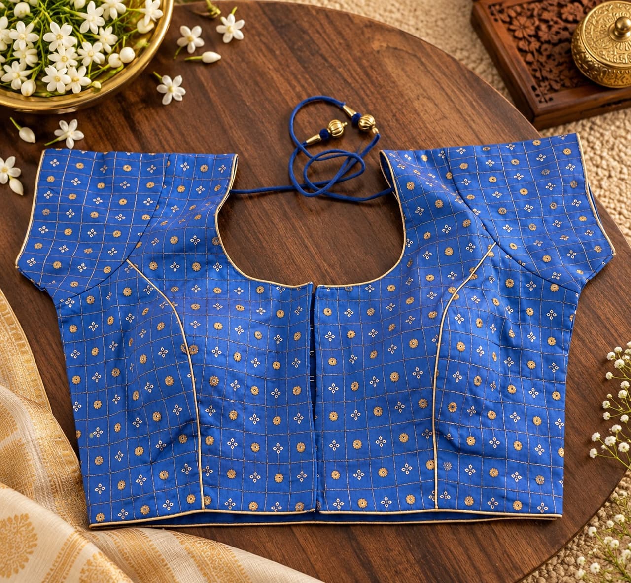 Royal Blue Printed Blouse With Golden Motifs
