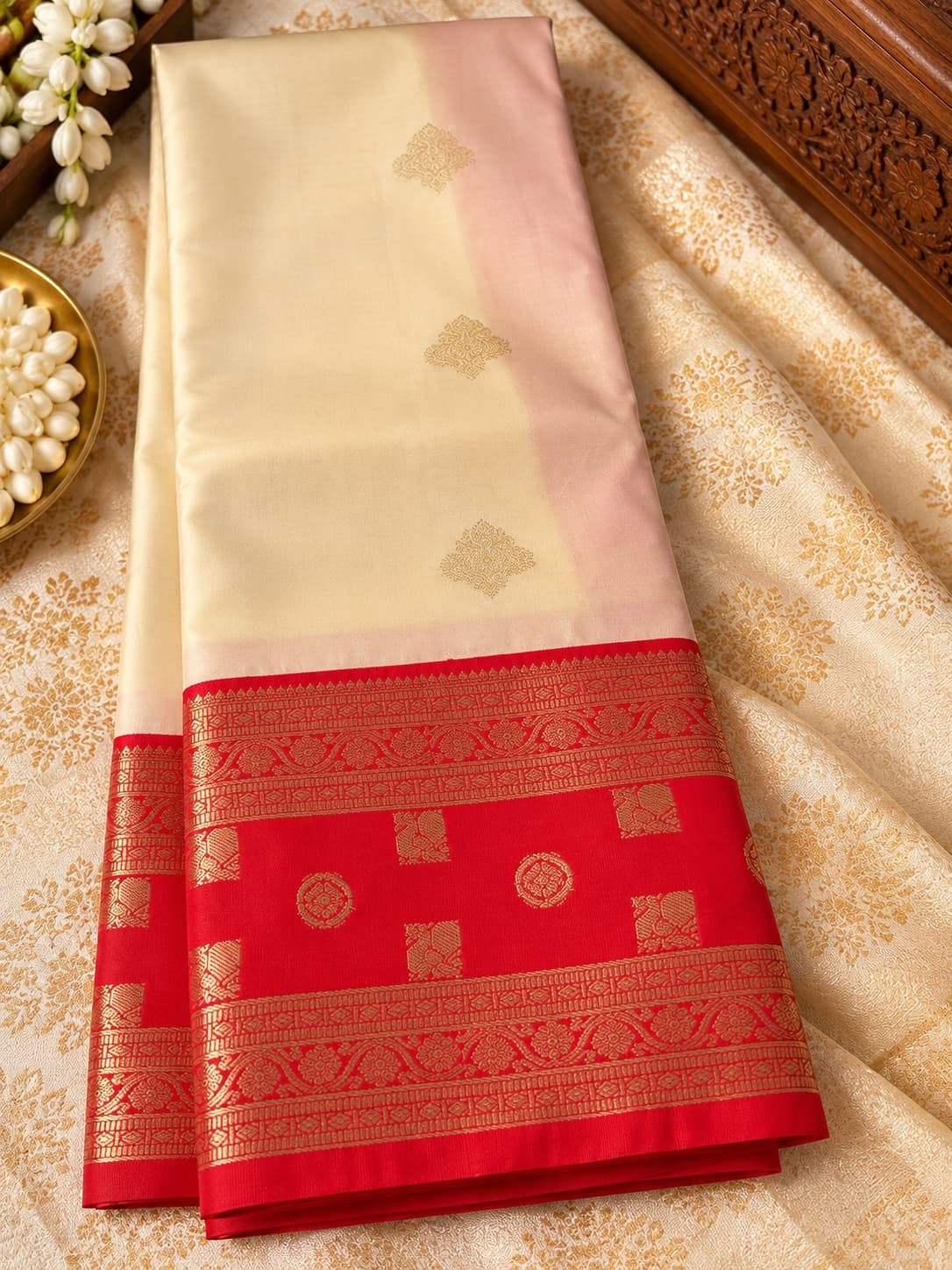 Cream Saree With Red Zari Border in Cream / Red, Semi Silk