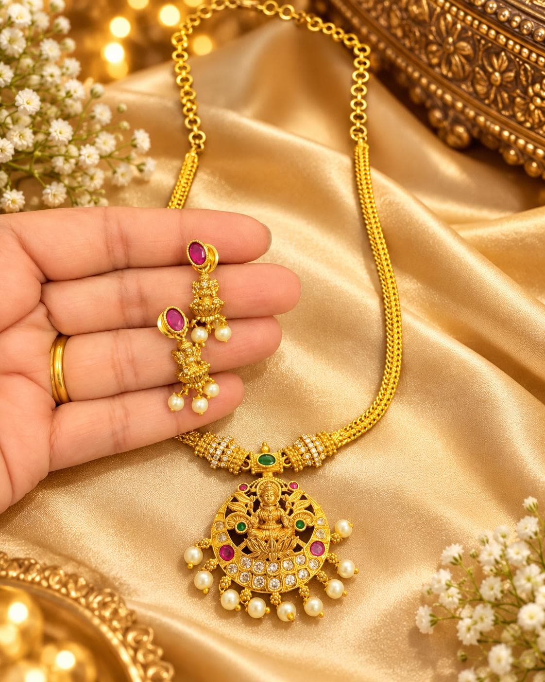 Lakshmi Temple Necklace Set jewellery in Gold-Tone With Pink, Green, Clear And Cream Accents