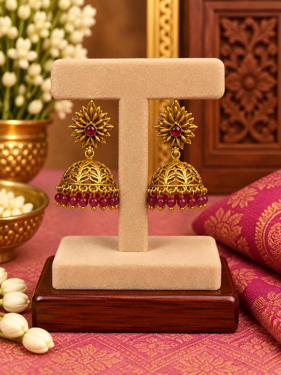 Antique Ruby Floral Jhumka Earrings