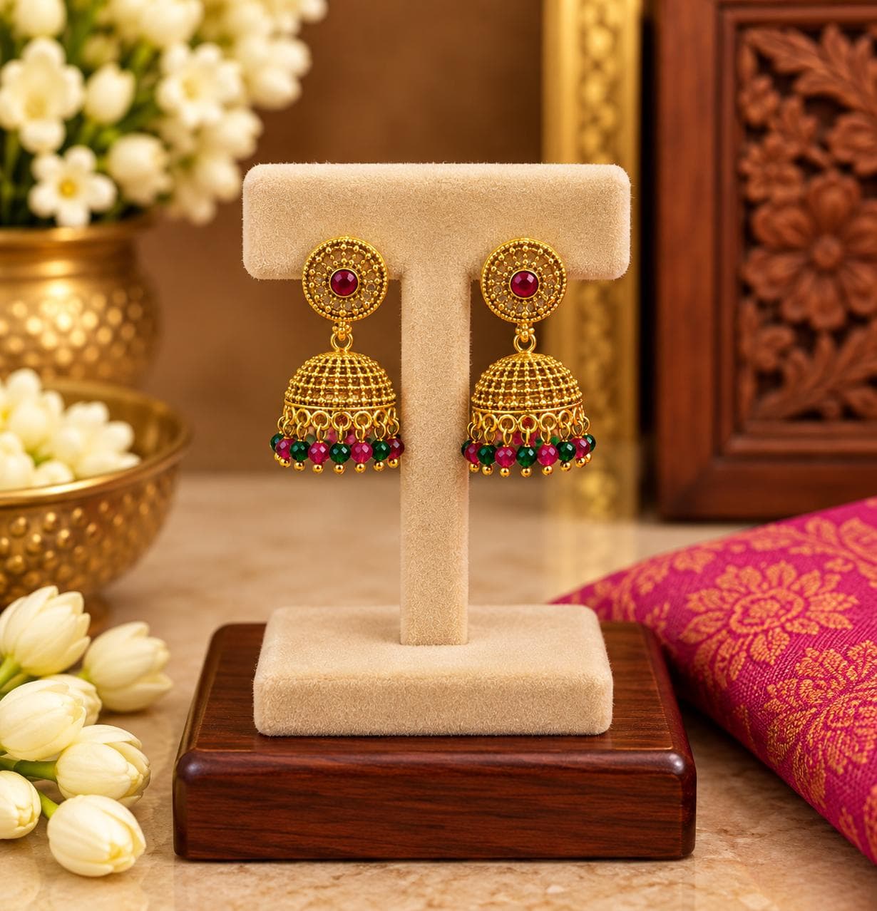 Ruby Green Beaded Jhumka Earrings jewellery in Gold / Ruby / Green, Jimika