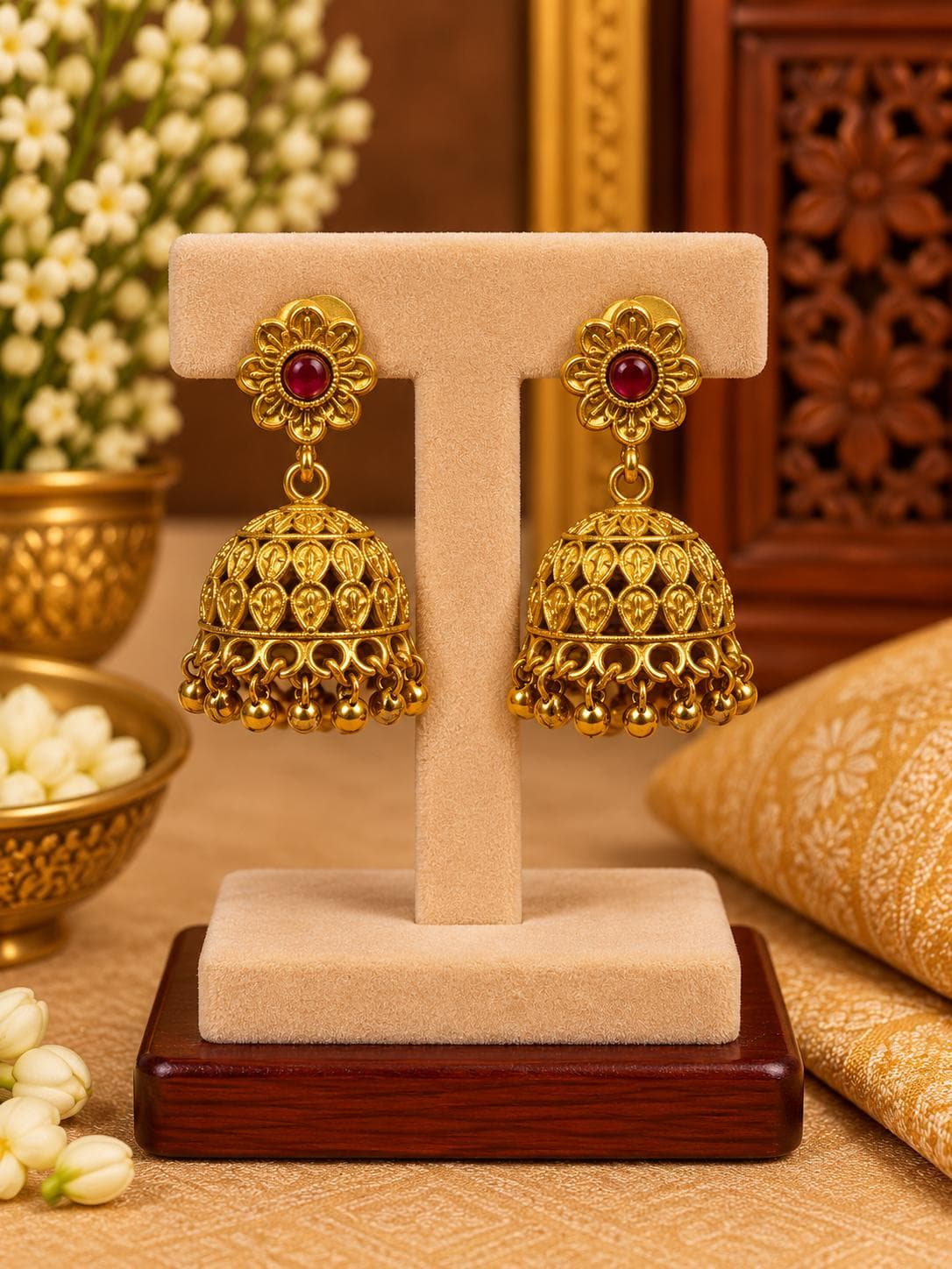 Ruby Floral Jhumka Earrings