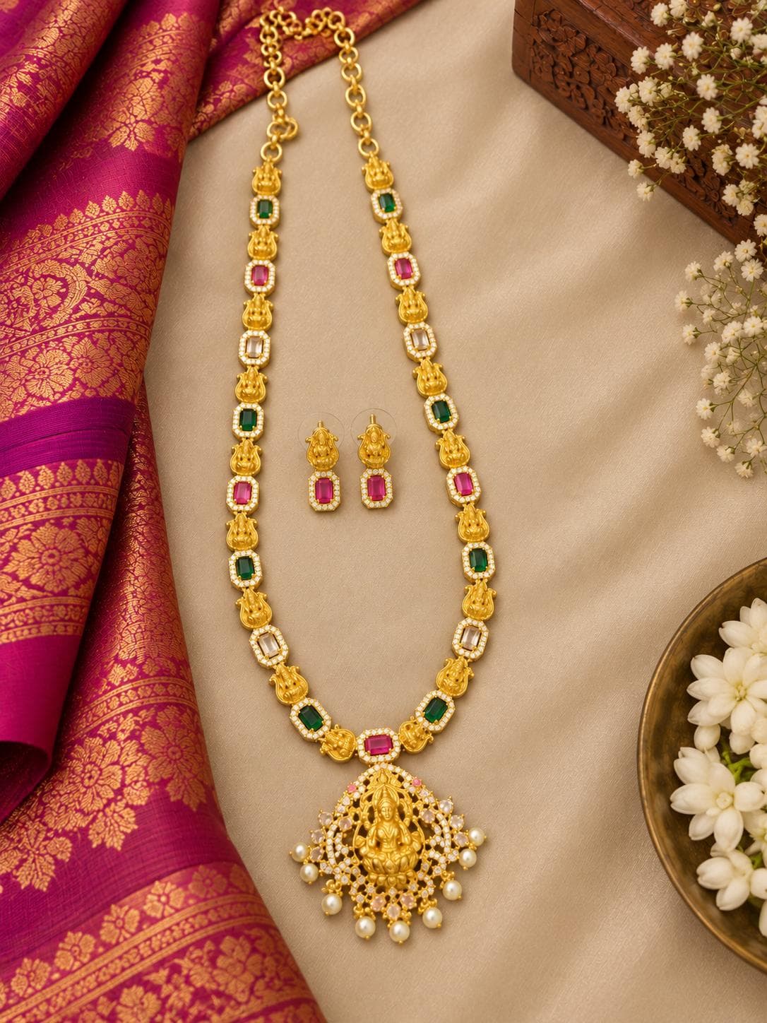 Multicolour Lakshmi Temple Necklace Set jewellery in Ruby / Green / Clear