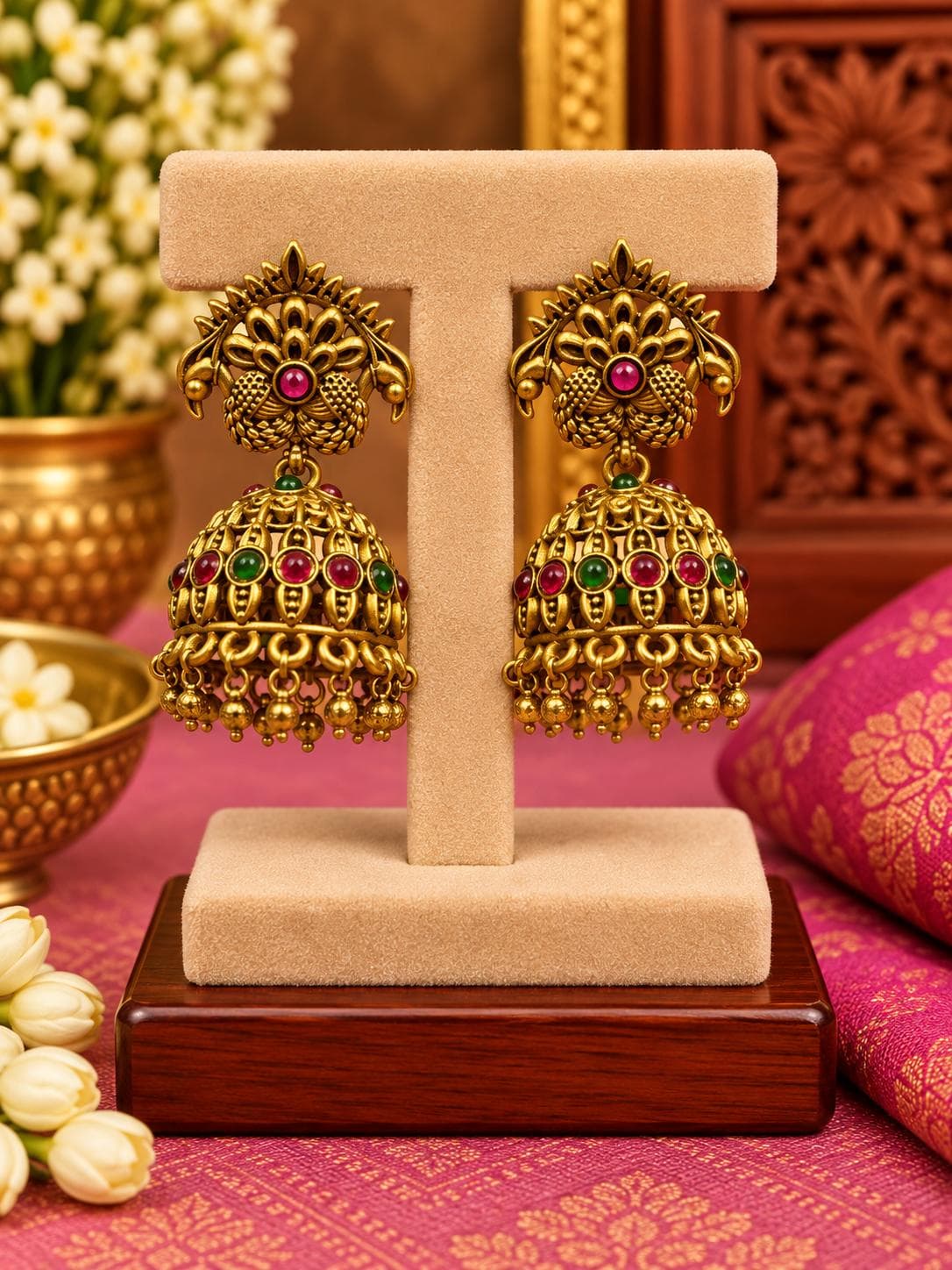 Antique Peacock Ruby Green Jhumka Earrings