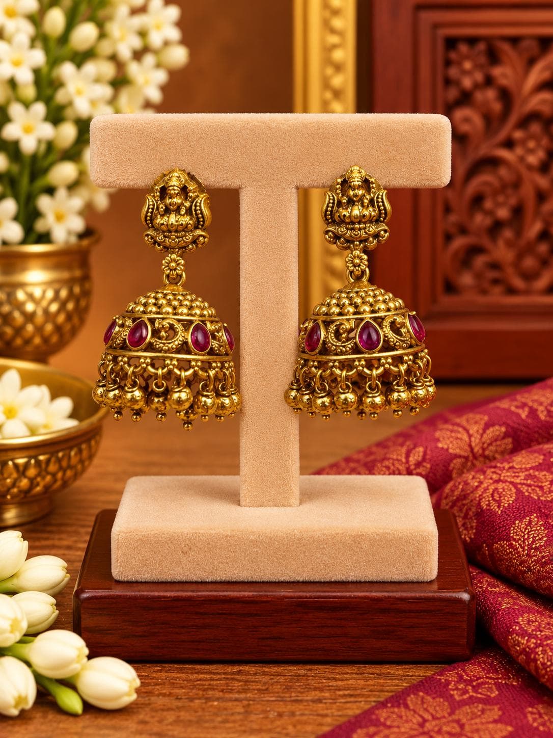 Antique Ruby Temple Jhumka Earrings