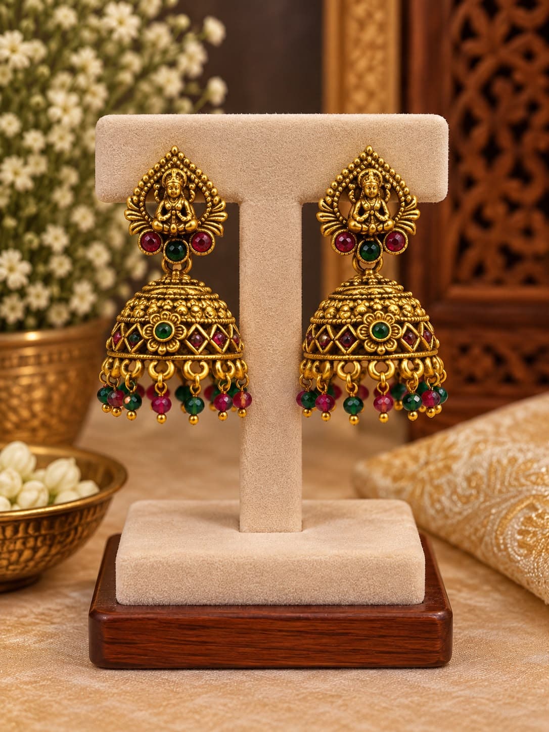 Antique Temple Ruby Green Jhumka Earrings jewellery in Gold / Ruby / Green, Jimika