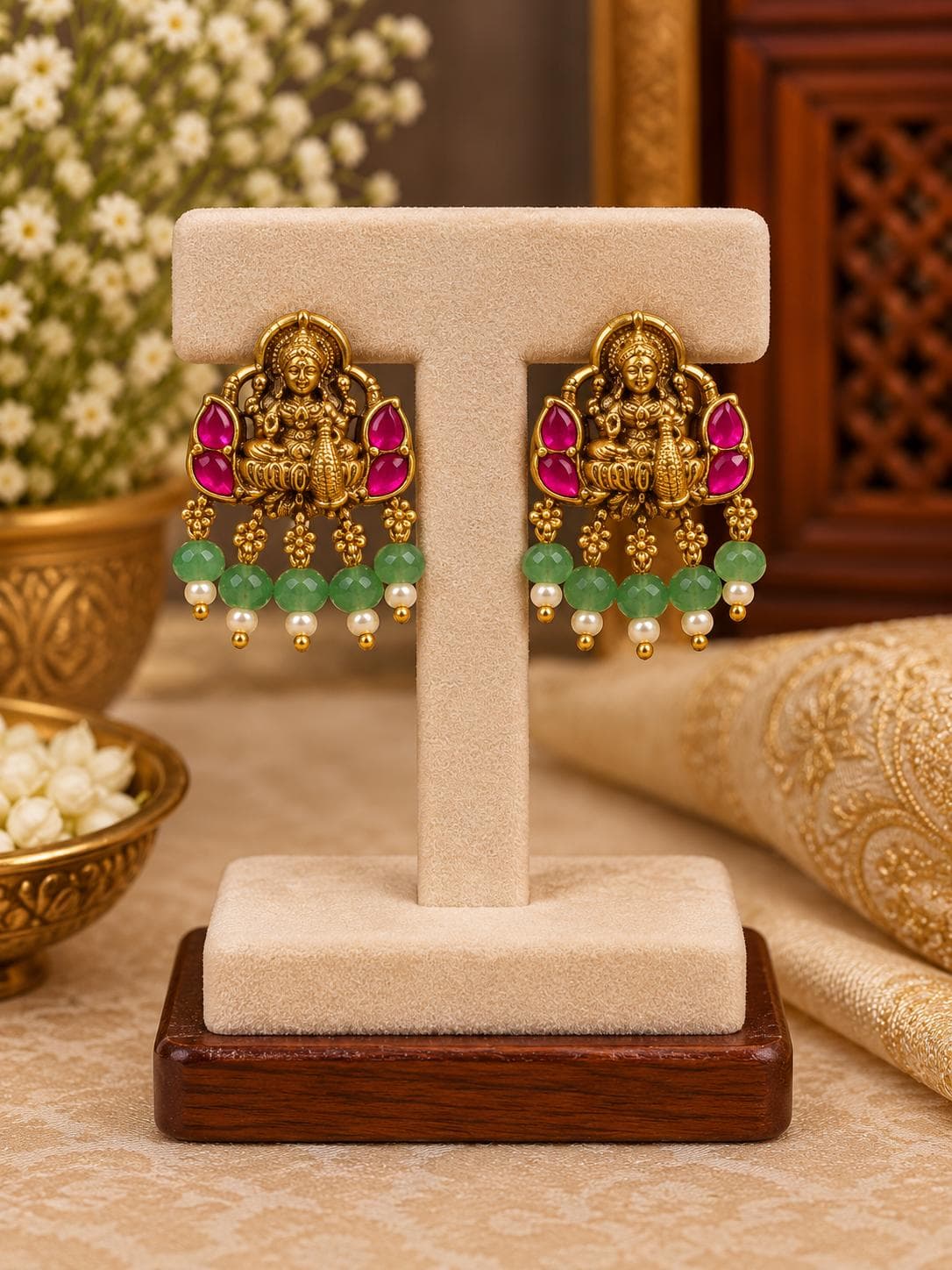 Antique Lakshmi Green Stud Earrings