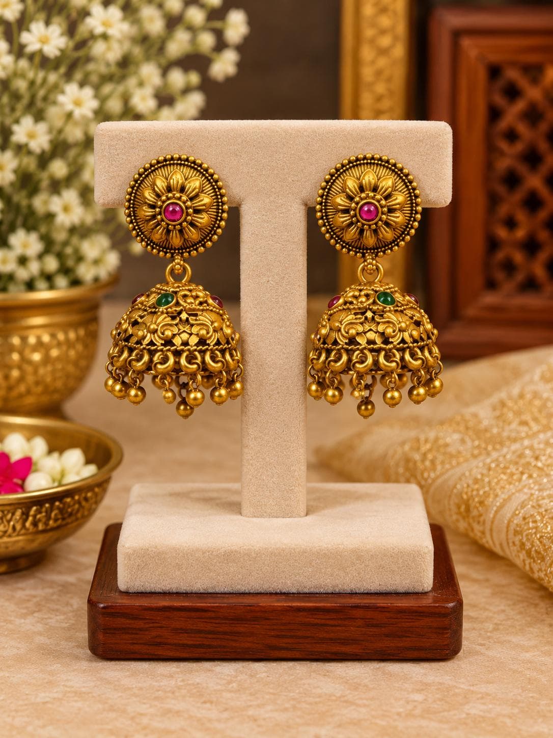 Antique Floral Ruby Green Jhumka Earrings jewellery in Gold / Ruby / Green, Jimika