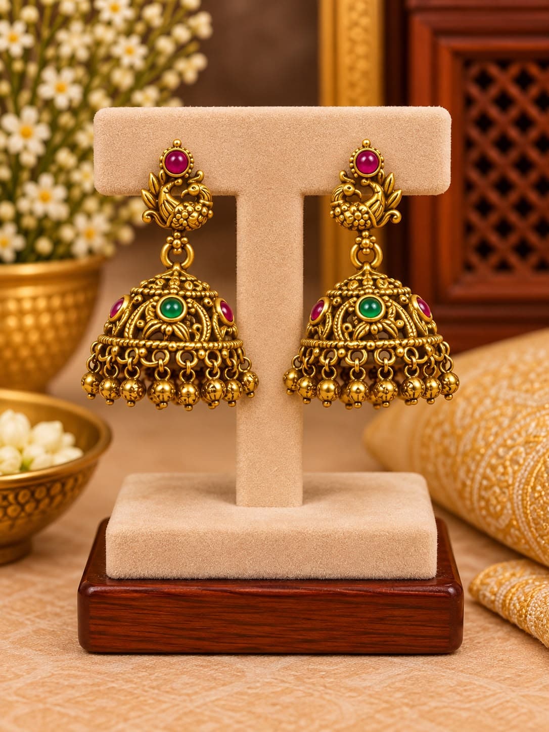 Antique Ruby Green Peacock Jhumka Earrings