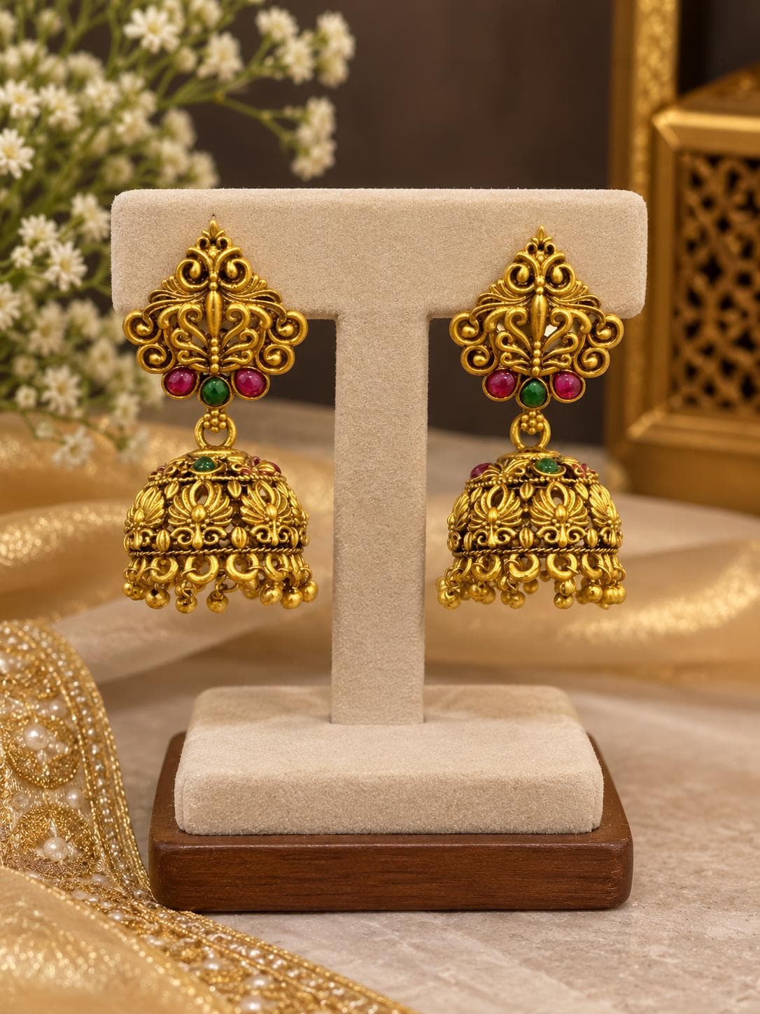 Antique Ruby Green Jhumka Earrings