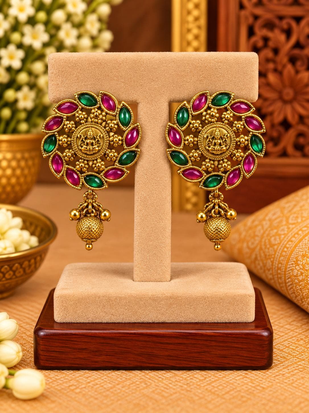 Antique Lakshmi Ruby Green Stud Earrings