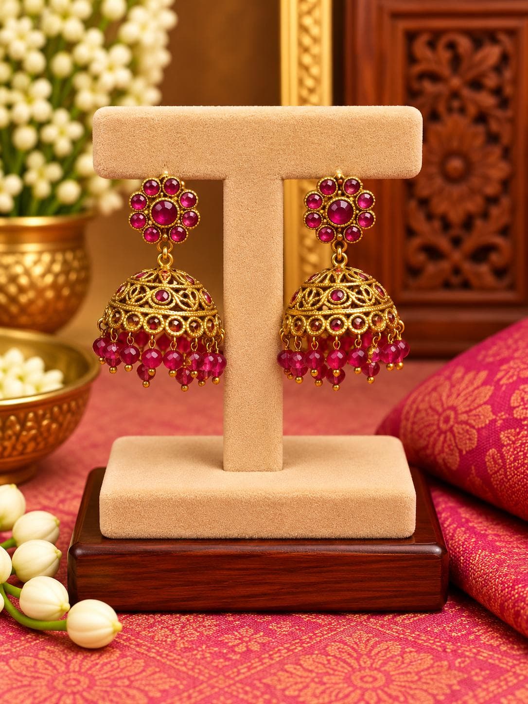 Antique Ruby Floral Jhumka Earrings