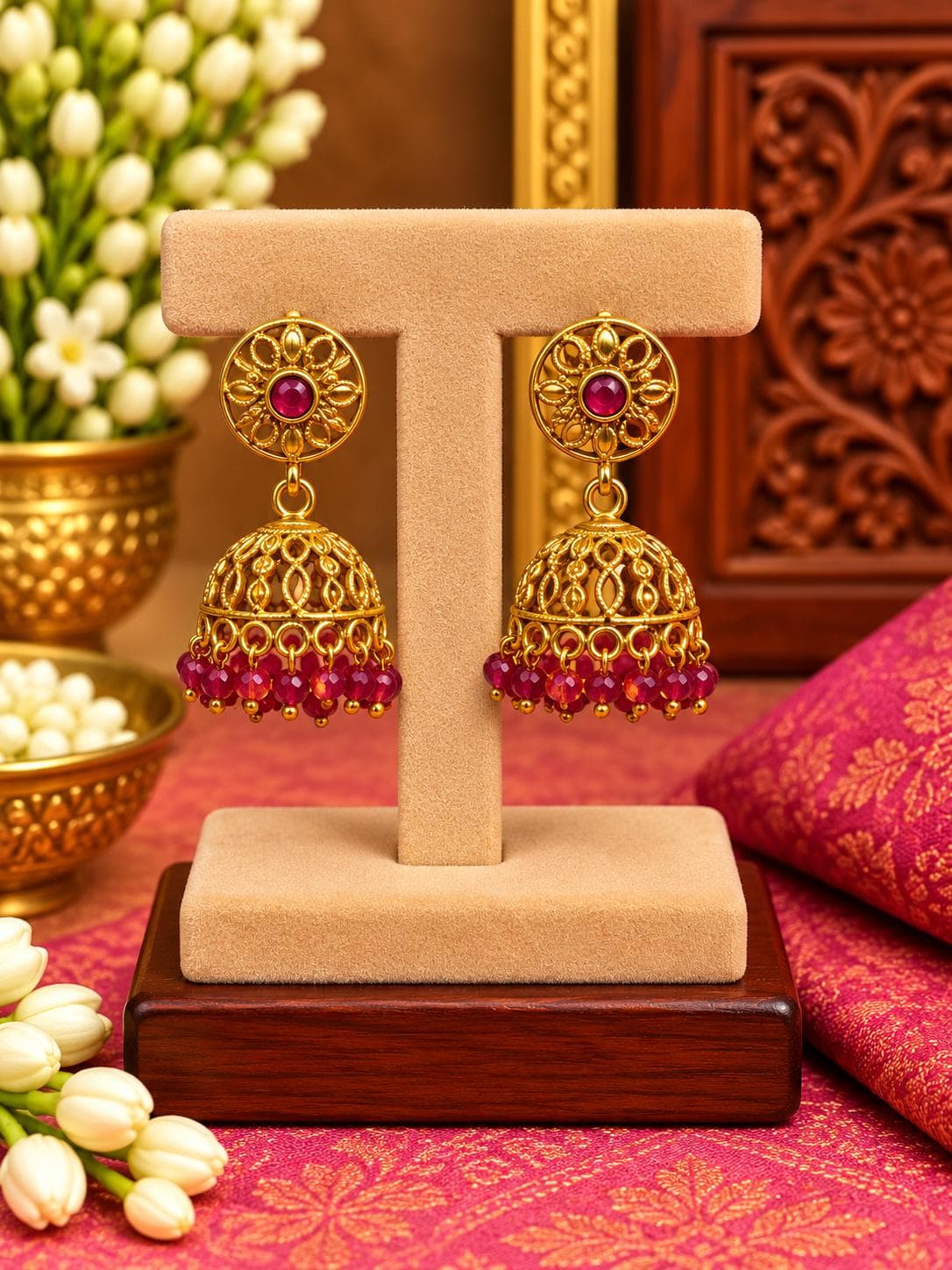 Ruby-Toned Floral Jhumka Earrings jewellery in Gold / Ruby, Jimika
