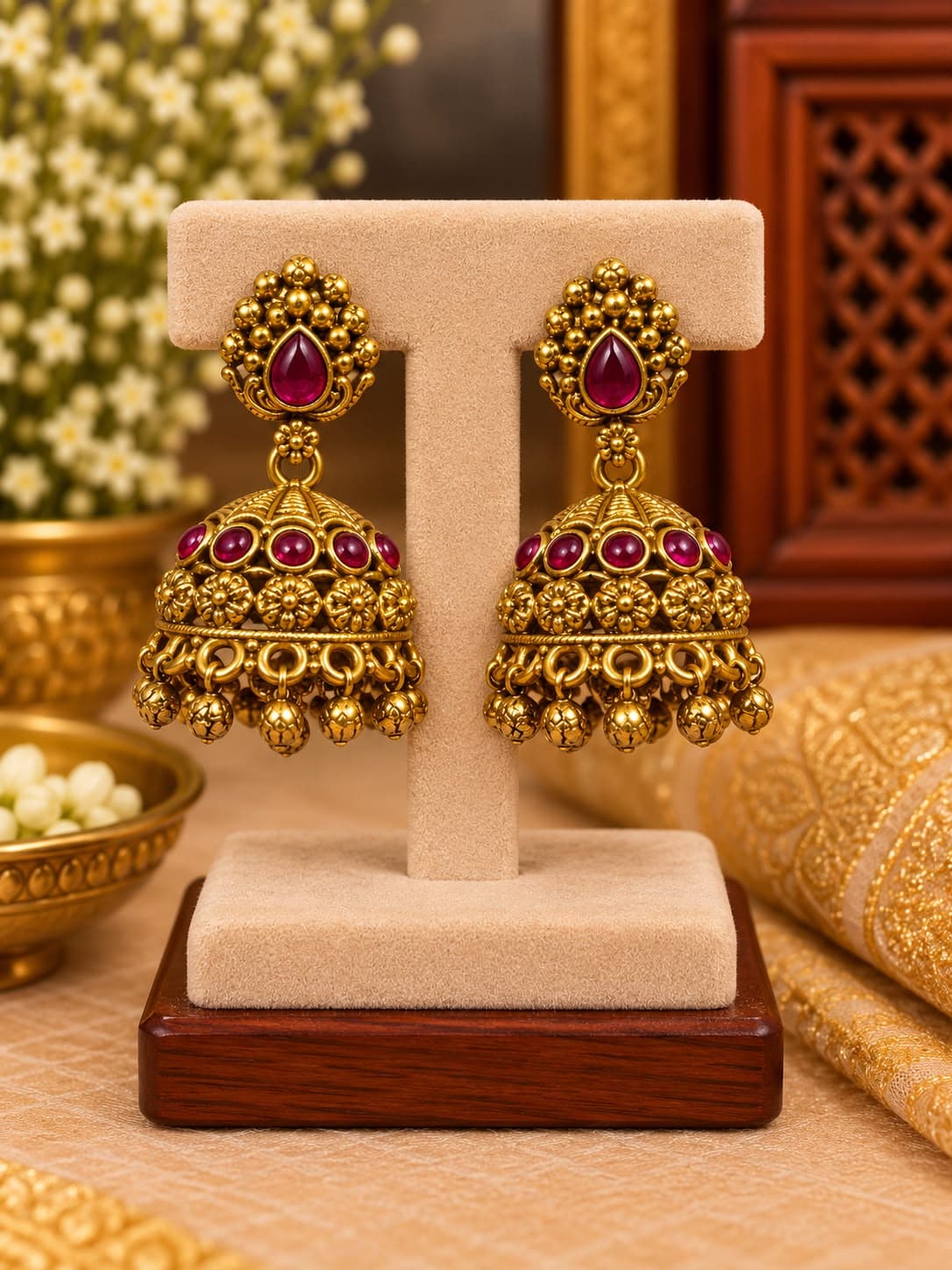 Antique Ruby Floral Jhumka Earrings