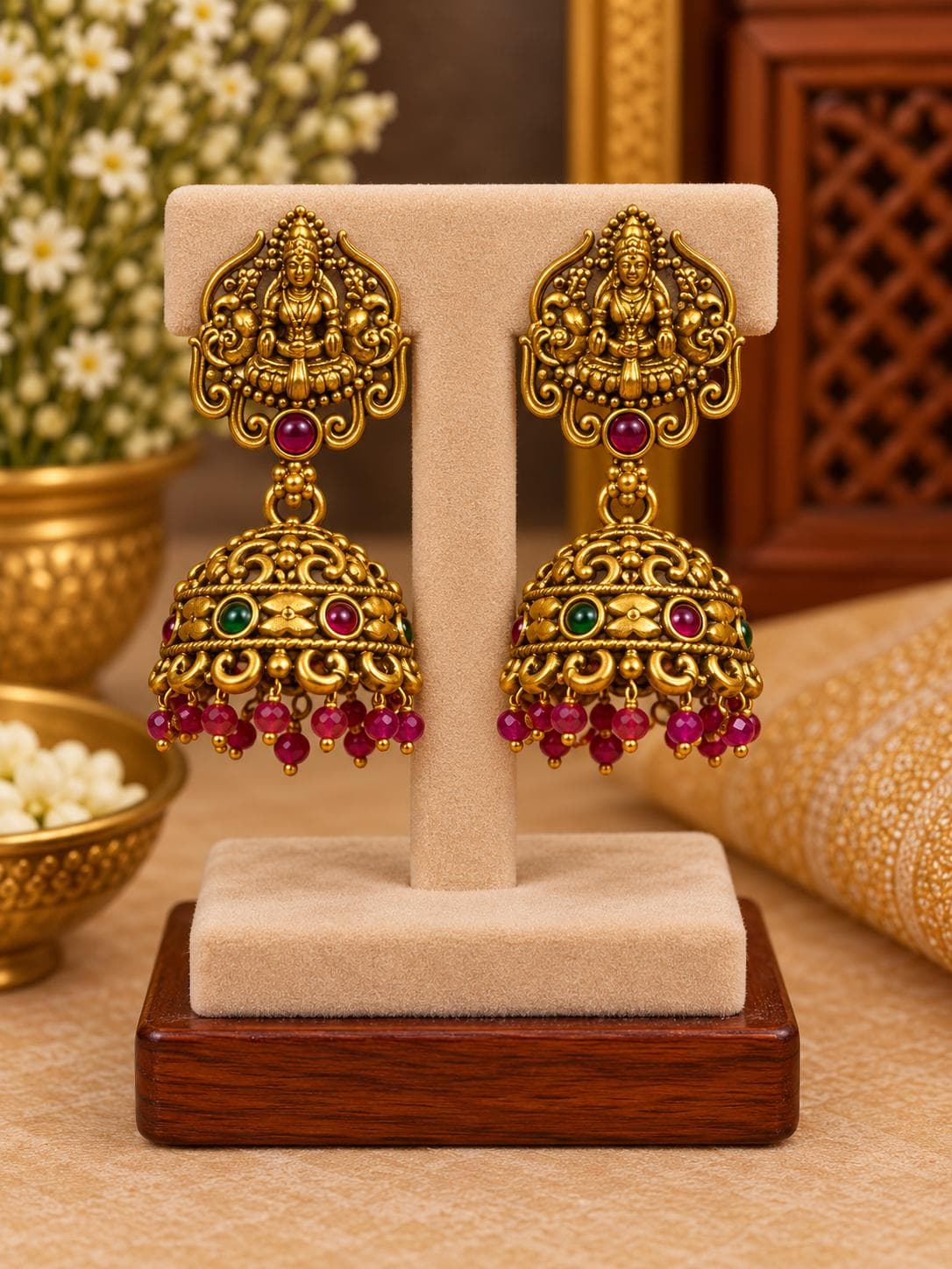 Antique Lakshmi Ruby Green Jhumka Earrings