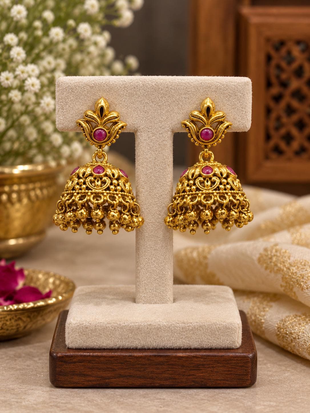 Antique Ruby Floral Jhumka Earrings