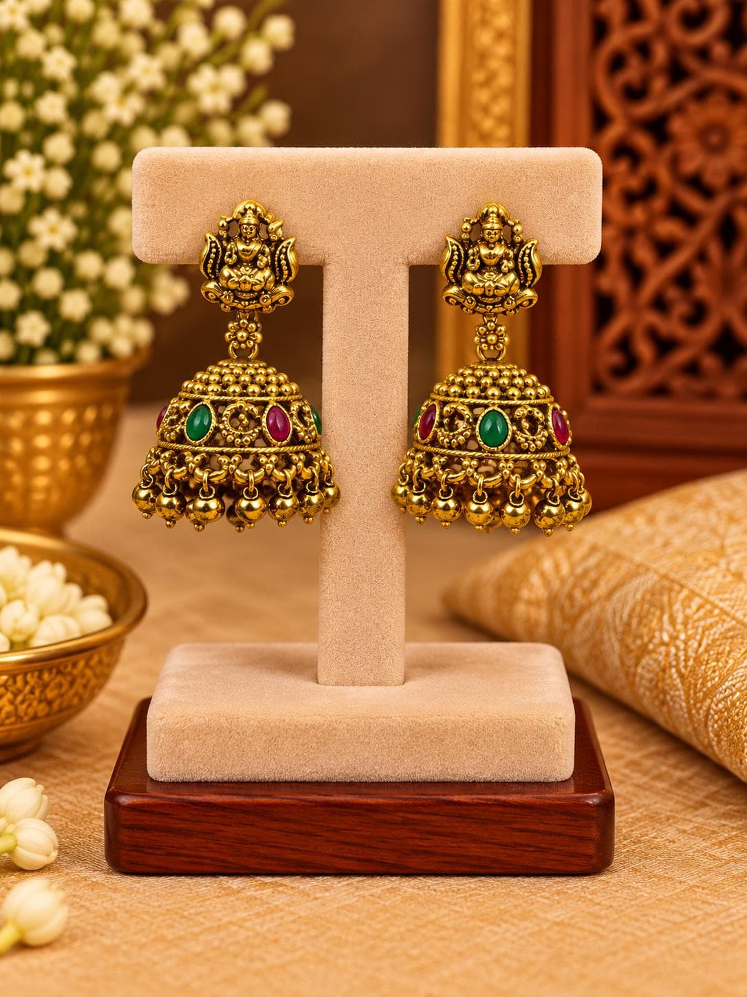Antique Lakshmi Ruby Green Jhumka Earrings