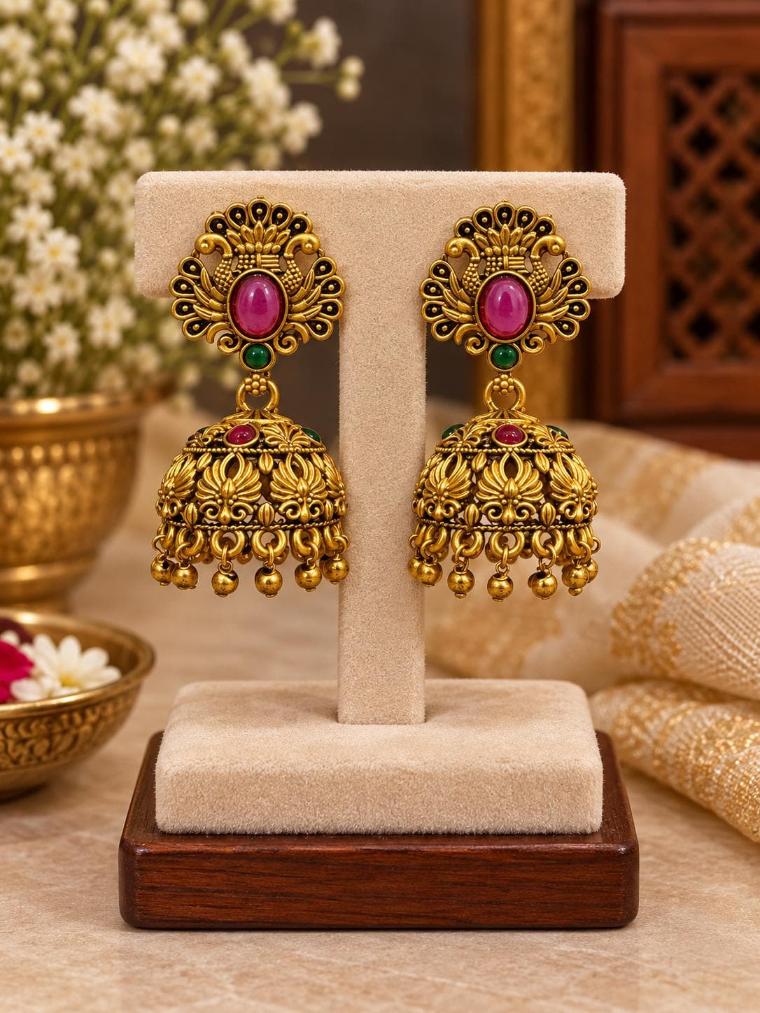 Antique Ruby Peacock Jhumka Earrings