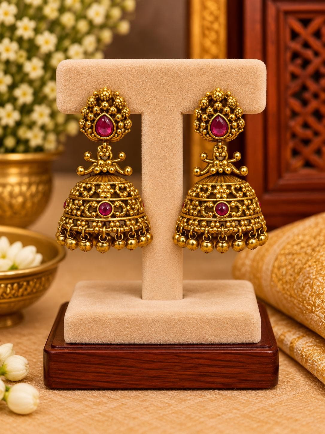 Antique Ruby Floral Jhumka Earrings