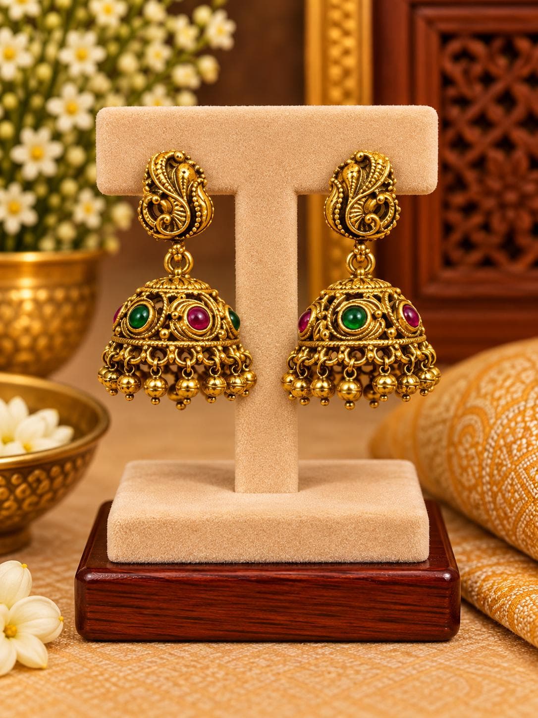 Antique Ruby Green Jhumka Earrings