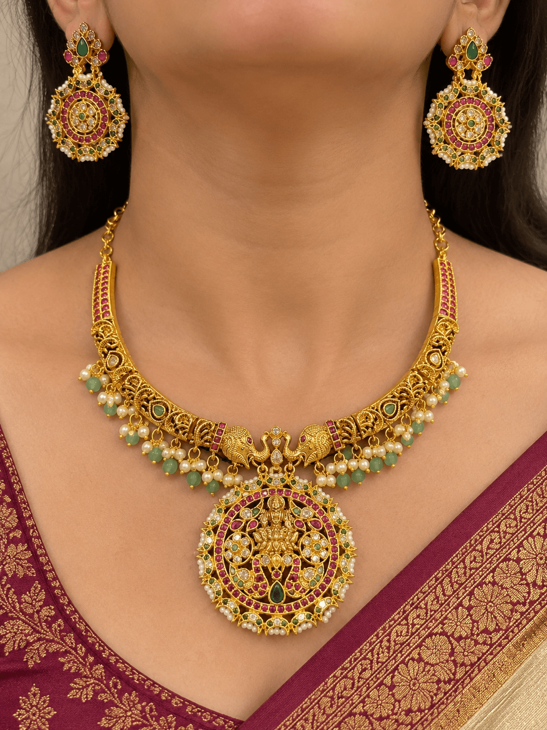 Lakshmi Elephant Temple Necklace Set jewellery in Gold / Ruby / Green / Pearl White