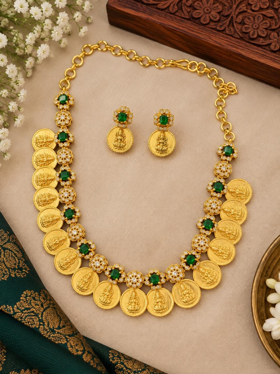 Green Lakshmi Coin Necklace Set