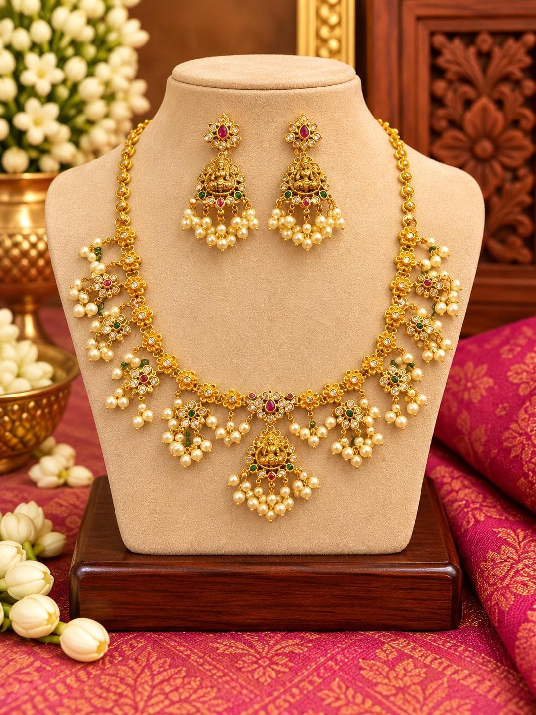 Lakshmi Floral Pearl-Drop Necklace Set jewellery in Gold / Ruby / Green / Ivory