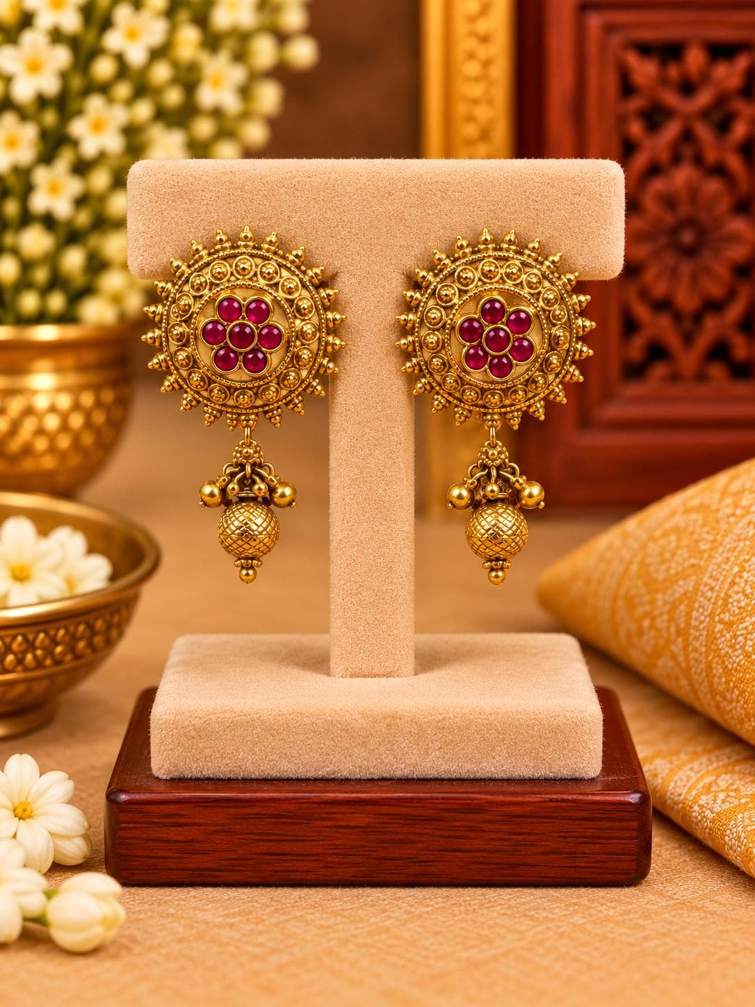 Ruby Red Floral Stud Earrings