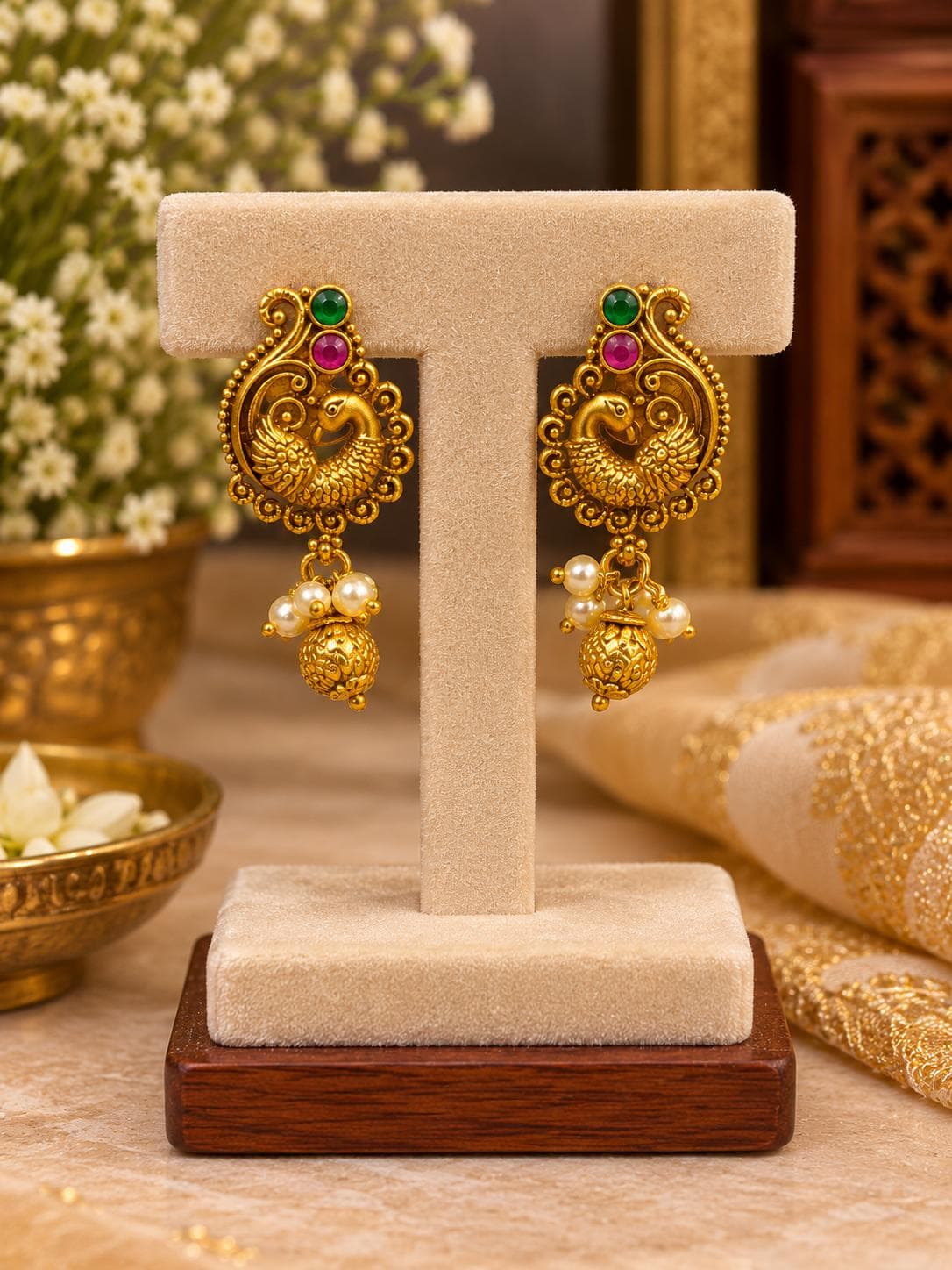 Green And Pink Peacock Stud Earrings