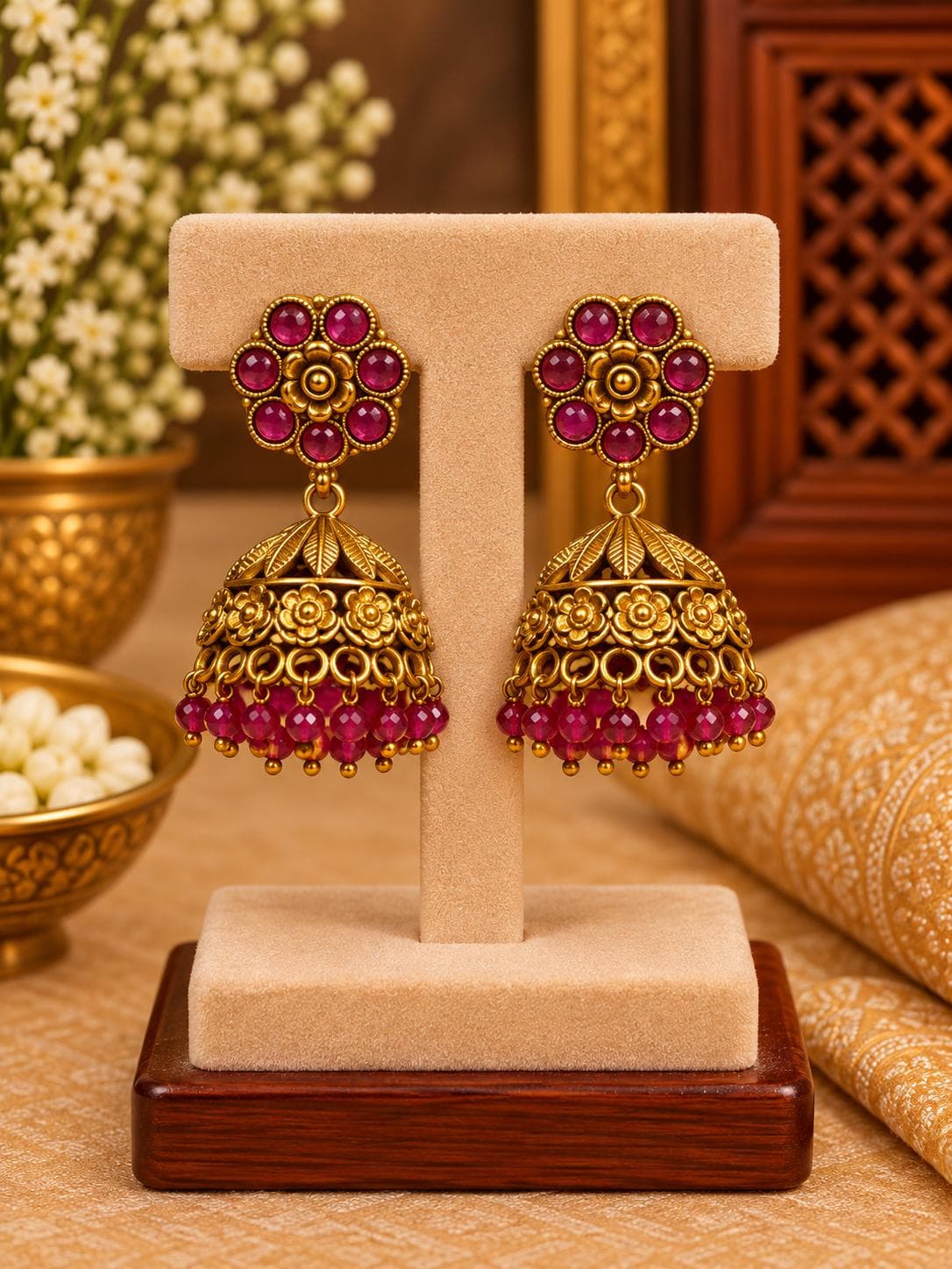Ruby Pink Floral Jimika Earrings