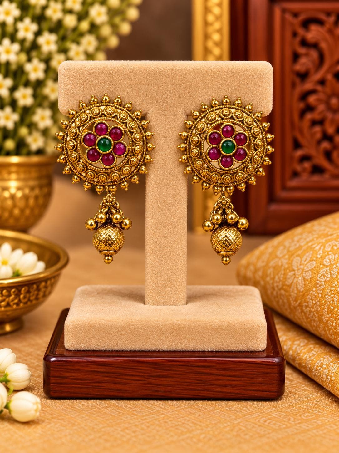 Ruby Pink Floral Ball Stud Earrings